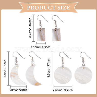 3 Pairs 3 Style Flat Round & Moon & Rectangle Acrylic Imitation Shell Dangle Earrings(EJEW-AN0002-94)-2