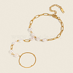 Elegant Natural Freshwater Pearl Beads Link Ring Bracelets, 304 Stainless Steel Paperclip Chain Bracelets for Women, Real 18K Gold Plated, Inner Diameter: 2.76 inch(7cm)(KX0637)