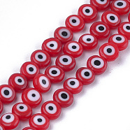 Handmade Evil Eye Lampwork Beads Strands, Flat Round, Red, 6x2.5mm, Hole: 1mm, about 64~65pcs/strand, 14.1 inch~14.5 inch(LAMP-S191-01A-02)