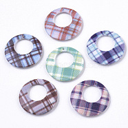 Double Spray Painted Acrylic Pendants, Flat Round with Grid Pattern, Mixed Color, 25x3.5mm, Hole: 1.2mm(MACR-S361-38)