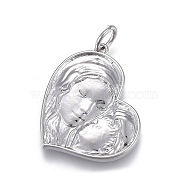 Brass Pendants, with Jump Rings, for Mother's Day, Long-Lasting Plated, Heart with Mother and Son, Real Platinum Plated, 20.5x17x2.5mm, Hole: 3mm(ZIRC-M108-57P)