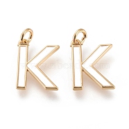 Brass Enamel Pendants, with Jump Ring, Long-Lasting Plated, Real 18K Gold Plated, Letter.K, White, Letter.K, K: 16x12x1.8mm, Jump Rings: Inner Diameter: 3mm(KK-R139-04K)