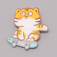 Tiger Skateboarding Chinese Zodiac Acrylic Brooch, Lapel Pin for Chinese Tiger New Year Gift, White, Blue, 43x35x7mm(JEWB-WH0022-11)