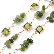 Handmade Brass Glass Square Link Chains, with Natural Green Agate Chip Bead for Necklaces Bracelets Making, Long-Lasting Plated, Soldered, with Spool, Golden, Link: 12~18x3~9x2.5~9mm, about 16.40 Feet(5m)/Roll(CHC-F019-09G-02)