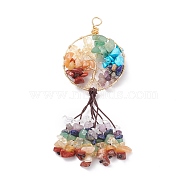 Natural & Synthetic Gemstone Chip Big Pendants, with Copper Wire Wrapped and Coconut Brown Braided Nylon Thread, Mixed Dyed and Undyed, Flat Round with Tree
, Golden, 110mm, Flat Round: 55x41.5x9mm, Hole: 6.4mm(PALLOY-JF01532-02)