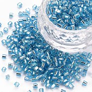 8/0 Glass Bugle Beads, Silver Lined, Sky Blue, 2.5~3x2.5mm, Hole: 1mm, about 15000pcs/pound(SEED-S032-07A-23)