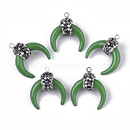 Resin Pendants, with Alloy Loop and Polymer Clay Rhinestone, Crescent/Double Horn, Platinum, Green, PP13(1.9~2mm), 21~22x18.5x8.5~10.5mm, Hole: 1.4~1.6mm(RB-T015-09C)