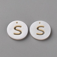 Natural Freshwater Shell Pendants, Flat Round with Letter, Letter.S, 12x1.5mm, Hole: 1mm(SHEL-Q311-008S)