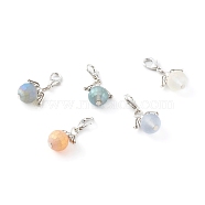 Frosted Glass Pendants, with Zinc Alloy Lobster Claw Clasps and Alloy Wing Beads, Faceted Round, Platinum , Mixed Color, 29mm, Hole: 3.5X4mm(HJEW-JM00462)