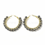 Natural Larvikite Beaded Hoop Earrings for Women, Real 18K Gold Plated Wire Wrap Big Circle Hoop Earrings, 47~49x51~52x6~6.6mm, Pin: 1.4x0.4mm(EJEW-C003-03M-RS)