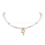 Shell Pearl Necklaces, Brass Micro Pave Cubic Zirconia Pendant Necklaces, Ring with Butterfly & Heart, White, 16.50 inch(41.9cm)(NJEW-JN04862)