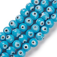 Handmade Lampwork Beads Strand, Round with Evil Eye, Sky Blue, 12.5~13x11mm, Hole: 2~2.5mm, about 32~33pcs/strand, 13.58~14.01''(34.5~35.6cm)(LAMP-E030-02F)