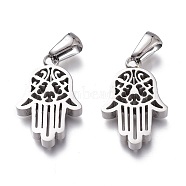 304 Stainless Steel Pendants, Manual Polishing, Hamsa Hand/Hand of Fatima/Hand of Miriam, Stainless Steel Color, 21.5x14x3mm, Hole: 6x3mm(STAS-Z006-03P)