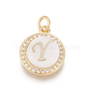 Brass Micro Pave Cubic Zirconia Pendants, with Shell, Long-Lasting Plated, Lead Free & Cadmium Free & Nickel Free, Real 18K Gold Plated, Flat Round with Letter, Clear, Letter.Y, 16x13.5x3mm, Hole: 3mm(X-ZIRC-L078-043Y-NR)