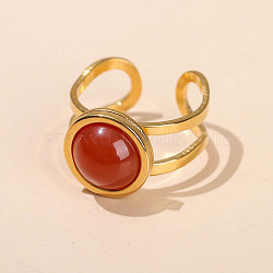 304 Stainless Steel & Natural Red Agate Cuff Rings, Flat Round, Golden, Inner Diameter: 18mm(FS-WGDE3F0-15)
