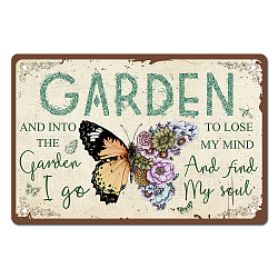Tinplate Sign Poster, Horizontal, for Home Wall Decoration, Rectangle with Word Garden, Butterfly Pattern, 200x300x0.5mm(AJEW-WH0157-457)