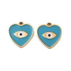 Ion Plating(IP) 316 Surgical Stainless Steel Charms, with Enamel, Heart with Eye Charms, Real 18K Gold Plated, Deep Sky Blue, 10x10x1.5mm, Hole: 1mm(STAS-U014-62G-02)