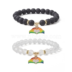 2Pcs 2 Style Synthetic Hematite & Glass Round Beaded Stretch Bracelets Set, Pride Rainbow Flag Alloy Enamel Charms Stackable Bracelets, Heart, Inner Diameter: 2-1/4~2-3/8 inch(5.6~5.9cm), 1Pc/style(BJEW-JB10050-01)