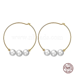 Natural Pearl Beaded Hoop Earrings, 925 Sterling Silver Earrings, Golden, 33mm(EJEW-P231-26G)