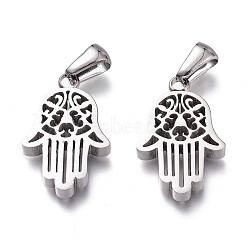304 Stainless Steel Pendants, Manual Polishing, Hamsa Hand/Hand of Fatima/Hand of Miriam, Stainless Steel Color, 21.5x14x3mm, Hole: 6x3mm(STAS-Z006-03P)