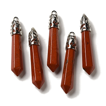 Natural Red Jasper Pointed Big Pendants, Faceted Bullet Charms with Rack Plating Platinum Plated Brass Findings, 56~65x11~11.5x10~10.5mm, Hole: 4X3mm