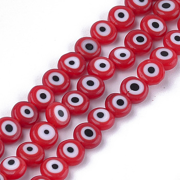 Handmade Evil Eye Lampwork Beads Strands, Flat Round, Red, 6x2.5mm, Hole: 1mm, about 64~65pcs/strand, 14.1 inch~14.5 inch