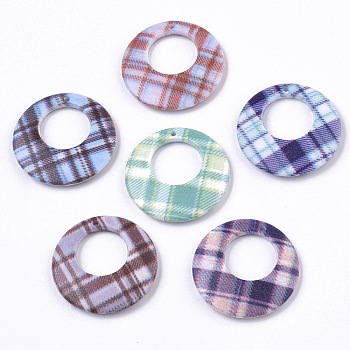 Double Spray Painted Acrylic Pendants, Flat Round with Grid Pattern, Mixed Color, 25x3.5mm, Hole: 1.2mm