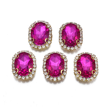 Sew on Rhinestone, Transparent Glass Rhinestone, with Brass Prong Settings, Faceted, Oval, Fuchsia, 22x17x7mm, Hole: 0.9mm