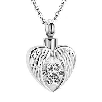 Stainless Steel Pendant Necklaces, Urn Ashes Necklace, Heart with Wing, Clear, 0.98x0.71 inch(2.5x1.8cm)