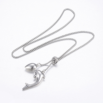 Adjustable 304 Stainless Steel Lariat Necklaces, Slider Necklaces, Teardrop & Dolphin, Stainless Steel Color, 25.5 inch(65cm)