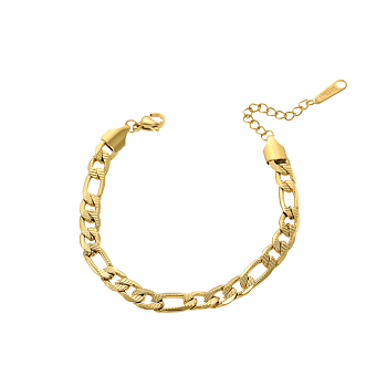 304 Stainless Steel Figaro Chain Bracelets for Women, Ion Plating(IP), Long-Lasting Plated, Real 14K Gold Plated, 7.09 inch(18cm)