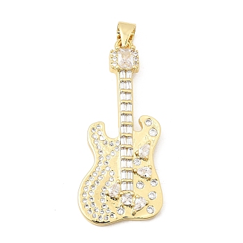 Brass Micro Pave Clear Cubic Zirconia Pendants, Long-Lasting Plated, Rack Plating, Lead Free & Cadmium Free, Guitar Charms, Real 18K Gold Plated, 37x16x3.5mm, Hole: 4.5x3.5mm