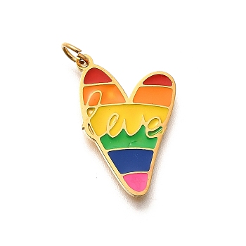 Pride 304 Stainless Steel Enamel Pendants, Rainbow Color, with Jump Ring, Heart, 23x14.5x1.5mm, Hole: 3.5mm