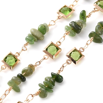 Handmade Brass Glass Square Link Chains, with Natural Green Agate Chip Bead for Necklaces Bracelets Making, Long-Lasting Plated, Soldered, with Spool, Golden, Link: 12~18x3~9x2.5~9mm, about 16.40 Feet(5m)/Roll