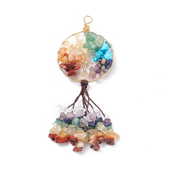 Natural & Synthetic Gemstone Chip Big Pendants, with Copper Wire Wrapped and Coconut Brown Braided Nylon Thread, Mixed Dyed and Undyed, Flat Round with Tree
, Golden, 110mm, Flat Round: 55x41.5x9mm, Hole: 6.4mm