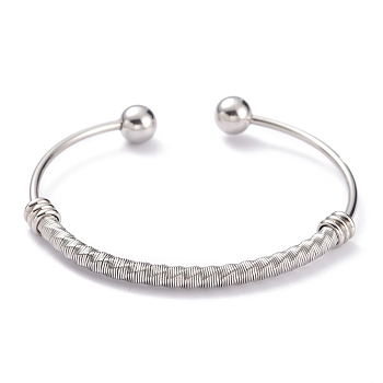 PVD Vacuum Plating 201 Stainless Steel Torque Bangles, Long-Lasting Plated, with Round Immovable Beads, Twisted, Stainless Steel Color, Inner Diameter: 2-1/2x1-7/8 inch(6.3x4.8cm)