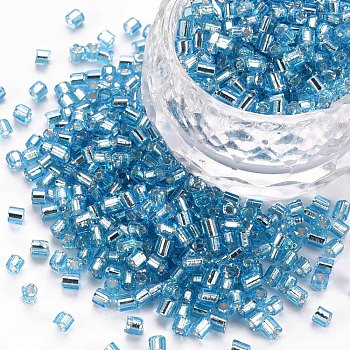 8/0 Glass Bugle Beads, Silver Lined, Sky Blue, 2.5~3x2.5mm, Hole: 1mm, about 15000pcs/pound