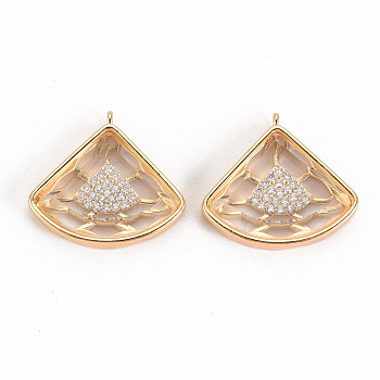 Brass Micro Pave Cubic Zirconia Pendants, with Glass, Nickel Free, Fan, Real 18K Gold Plated, 20.5x18x5mm, Hole: 1mm