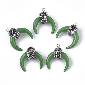 Resin Pendants, with Alloy Loop and Polymer Clay Rhinestone, Crescent/Double Horn, Platinum, Green, PP13(1.9~2mm), 21~22x18.5x8.5~10.5mm, Hole: 1.4~1.6mm