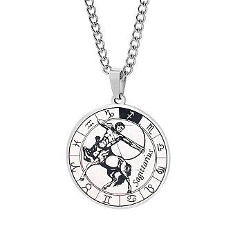 Unisex 201 Stainless Steel Constellation Pendant Necklaces, with Curb Chains, Laser Engraved Pattern, Flat Round, Sagittarius, 13.19 inch(335mm) 