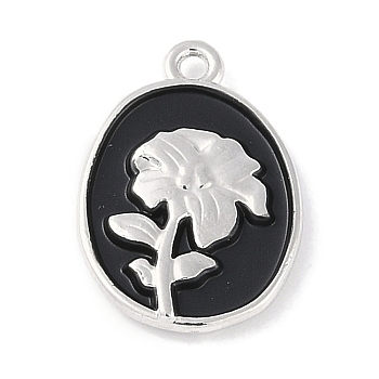 Rack Plating Spray Painted Alloy Pendants, Cadmium Free & Nickel Free & Lead Free, Oval with Flower, Black, 17.5x12x2mm, Hole: 1.4mm