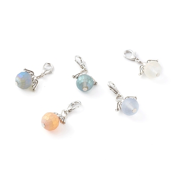 Frosted Glass Pendants, with Zinc Alloy Lobster Claw Clasps and Alloy Wing Beads, Faceted Round, Platinum , Mixed Color, 29mm, Hole: 3.5X4mm
