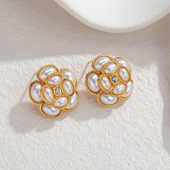 304 Stainless Steel Stud Earrings for Women, Flower, with Resin & Rhinestone, Golden, 21x21mm