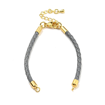 Leather Braided Cord Link Bracelets, Fit for Connector Charms, with Long-Lasting Plated Rack Plating Colden Tone Brass Lobster Claw Clasp & Chain Extender, Gray, 6x1/8 inch(15.2cm), Hole: 2mm