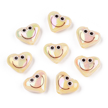 Electroplate Opaque Acrylic Beads, Heart with Smiling Face Pattern, Light Khaki, 12.5x15x6.5mm, Hole: 1.2mm