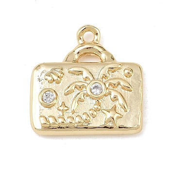 Brass Micro Pave Clear Cubic Zirconia Pendants, Bag with Coconut Tree Pattern, Cadmium Free & Nickel Free & Lead Free, Real 18K Gold Plated, 15.5x15.5x3.5mm, Hole: 1.4mm