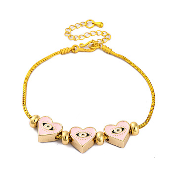 Brass European Bracelets, with Enamel Beads, Real 18K Gold Plated, Heart, Pearl Pink, 7-1/4 inch(18.4cm)