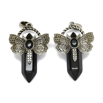 Natural Obsidian Faceted Pointed Bullet Big Pendants, Rack Plating Antique Silver Plated Alloy Butterfly Charms, Cadmium Free & Lead Free, 54x33.5x18.5~19mm, Hole: 6.5x7.5mm