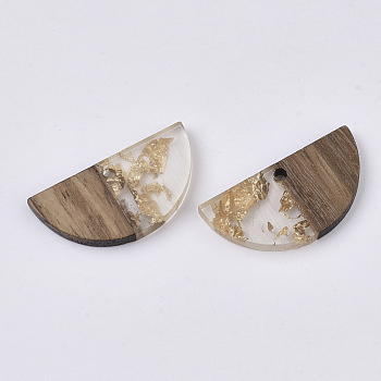 Transparent Resin & Walnut Wood Pendants, with Gold Foil, Waxed, Half Round, Gold, 14x28x3~4mm, Hole: 2mm