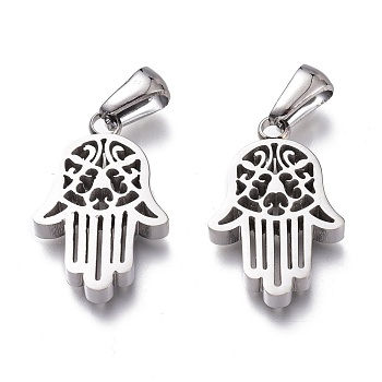 304 Stainless Steel Pendants, Manual Polishing, Hamsa Hand/Hand of Fatima/Hand of Miriam, Stainless Steel Color, 21.5x14x3mm, Hole: 6x3mm